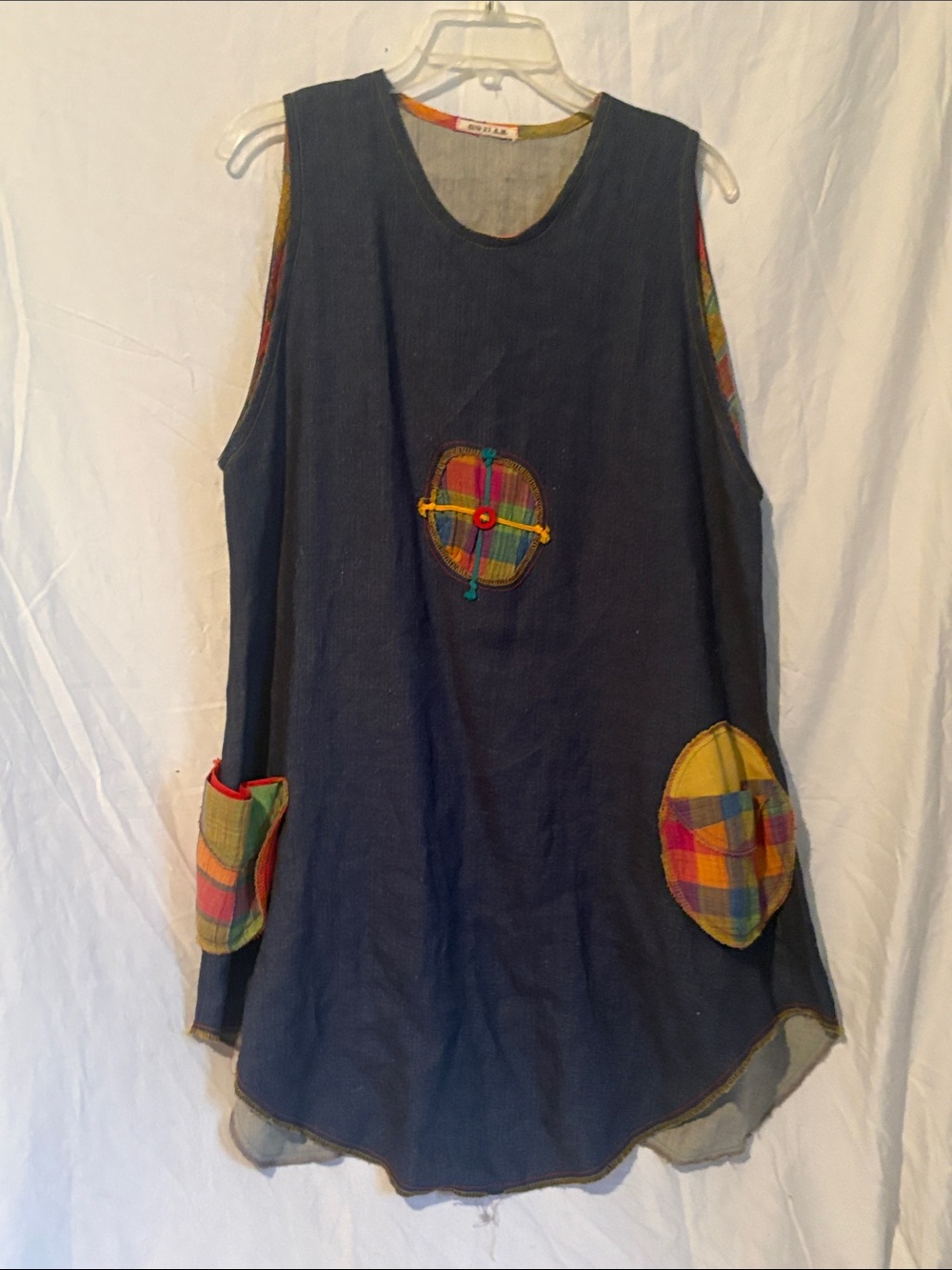 Navy Craft Fair Linen Tunic with Colorful Plaid Pockets